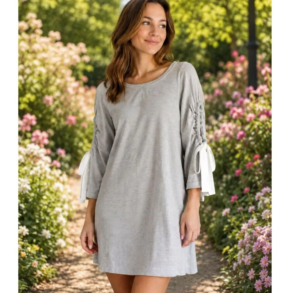 Club Monaco Gray Ruched Sleeve Dress with Bow Details Size Medium Wool Preppy